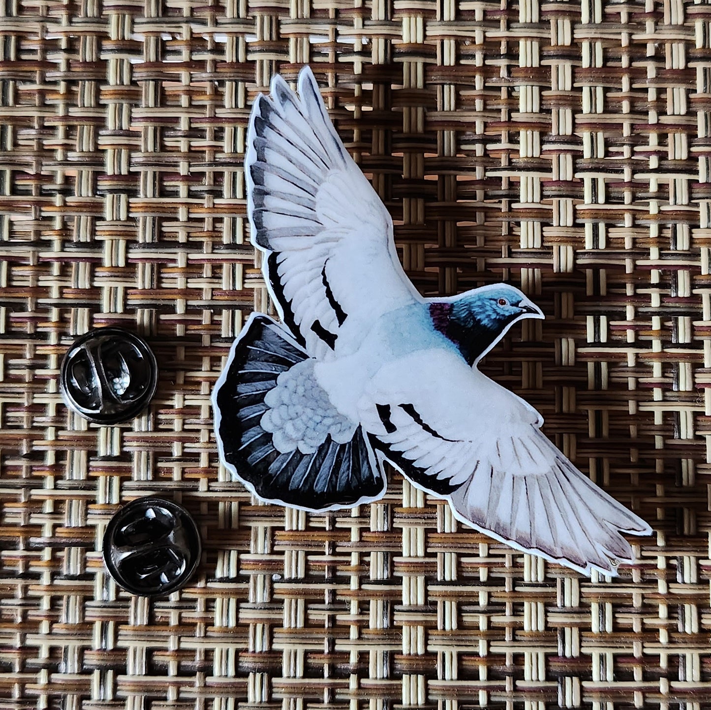 Flying Rock Pigeon - Resin Coated Polystyrene Pin - 100% Handmade Bird Pin