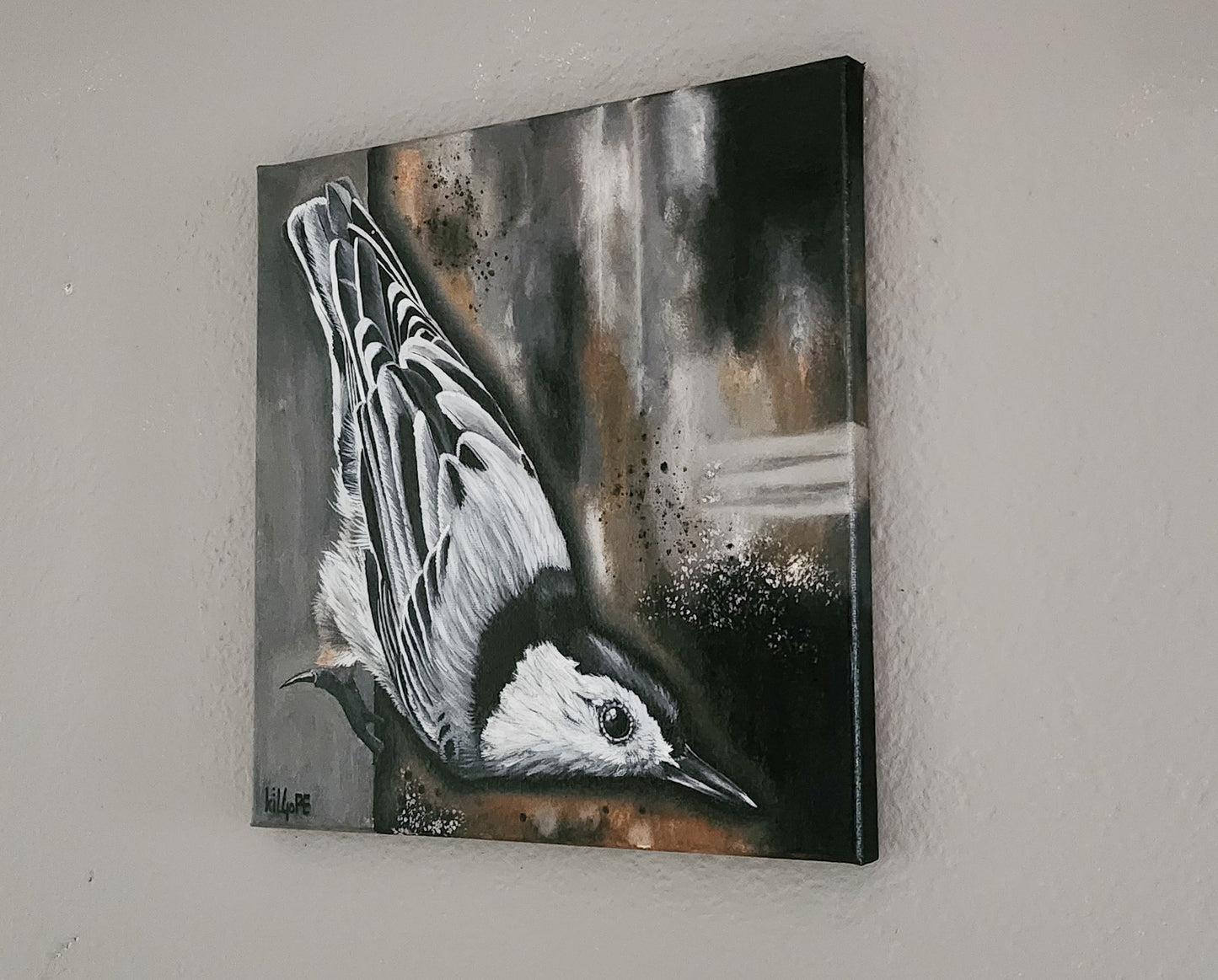 White Breasted Nuthatch "Direction" - Original Oil Painting - By Kilgore, Original 12" x 12" Oil Painting on Stretched Canvas