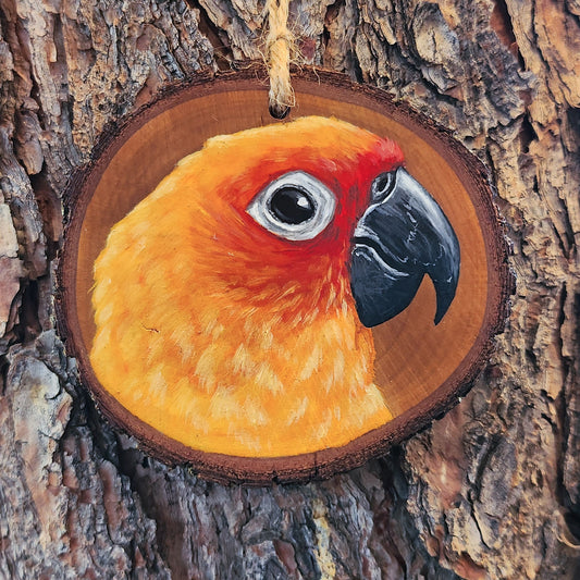 Sun Conure - Pear Wood Slice, Hand Painted Parrot on Wood Sun Parakeet Ornament
