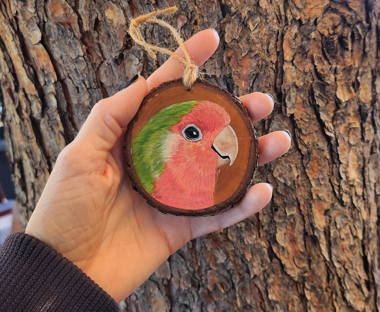 Rosy Faced Lovebird - Pear Wood Slice, Hand Painted Parrot on Wood Parakeet