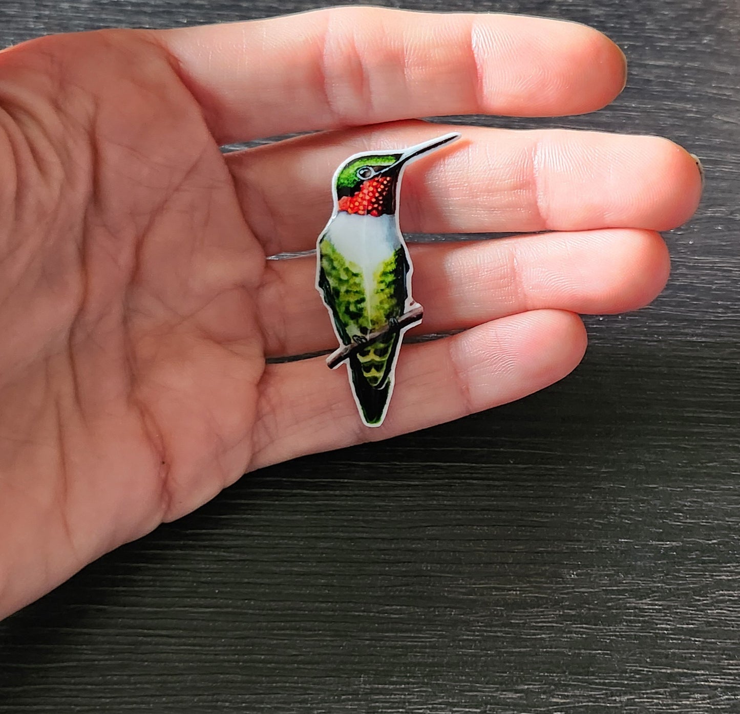 Ruby Throated Hummingbird - Resin Coated Polystyrene Pin - 100% Handmade Bird Pin