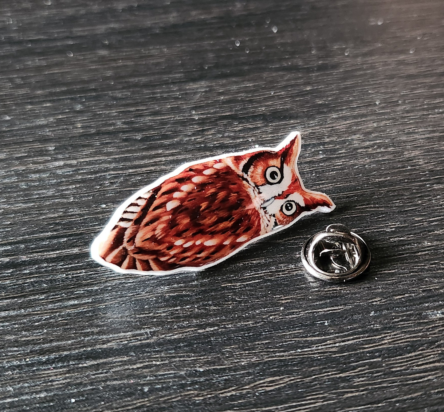 Screech Owl - Resin Coated Polystyrene Pin - 100% Handmade Bird Pin, Red Screech Owl