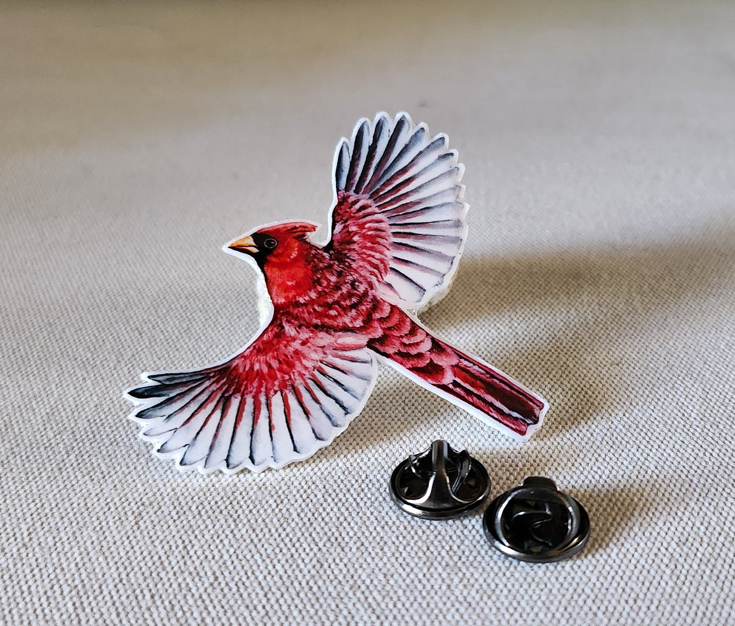 Flying Northern Cardinal - Resin Coated Polystyrene Pin - 100% Handmade Bird Pin