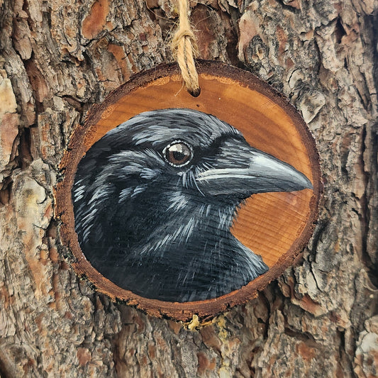 Crow - Wood Ornament, Hand Painted Bird on Wood, Crow Wall Art, Woodland Decor, Christmas Ornament
