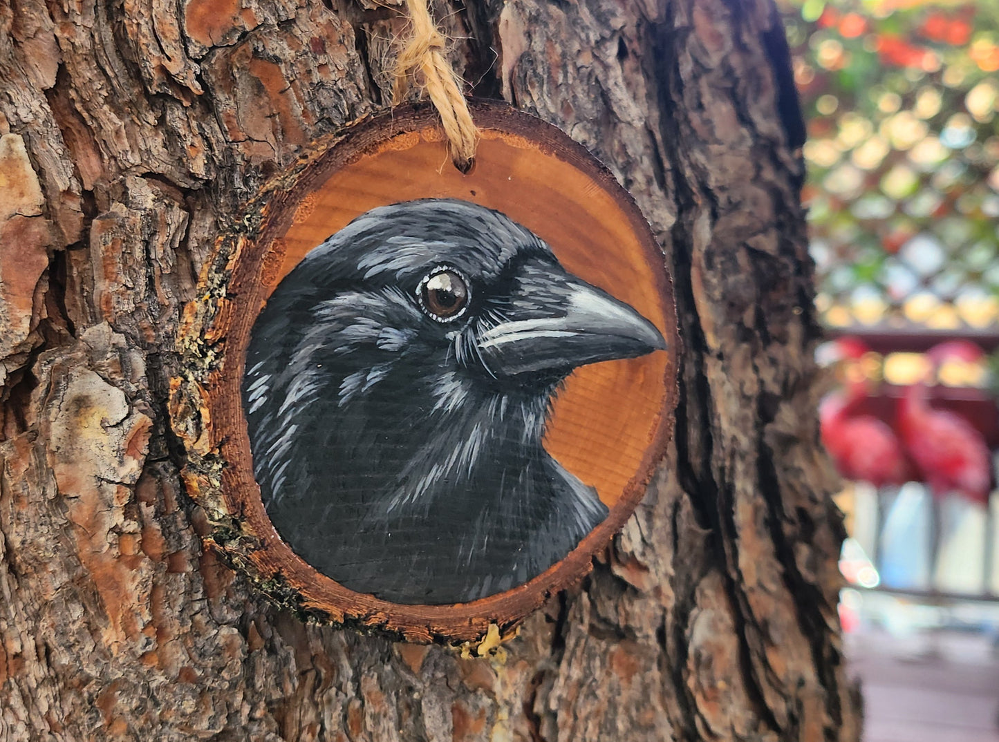 Crow - Wood Ornament, Hand Painted Bird on Wood, Crow Wall Art, Woodland Decor, Christmas Ornament