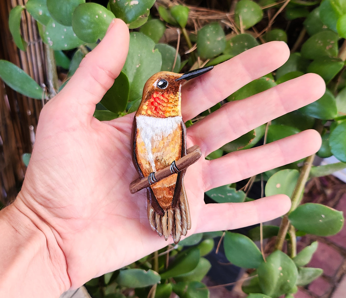 Rufous Hummingbird - Wooden Wall Art, Handmade, Painted Bird on Wood, Life-size Hummingbird Figurine