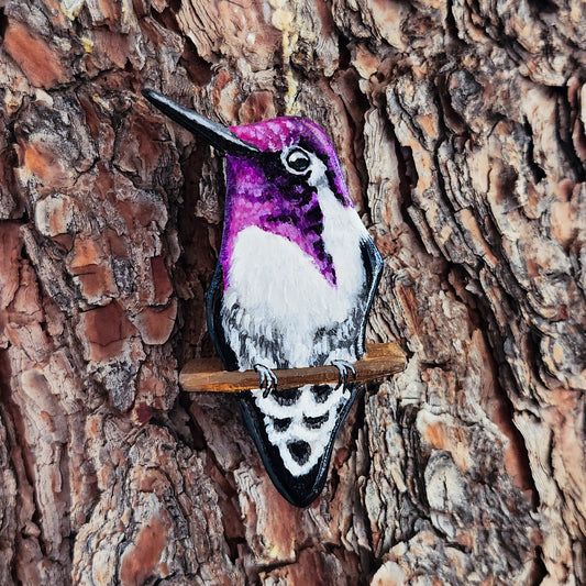 Costa's Hummingbird - Wooden Wall Art, Handmade, Painted Bird on Wood, Life-size Hummingbird Figurine