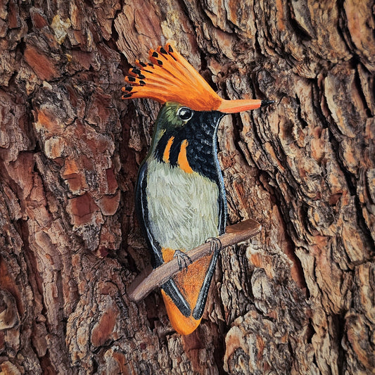 Rufous Crested Coquette - Wooden Wall Art, Handmade, Painted Bird on Wood, Life-size Hummingbird Figurine