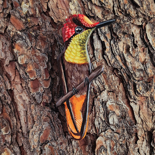 Ruby Topaz Hummingbird - Wooden Wall Art, Handmade, Painted Bird on Wood, Life-size Hummingbird Figurine