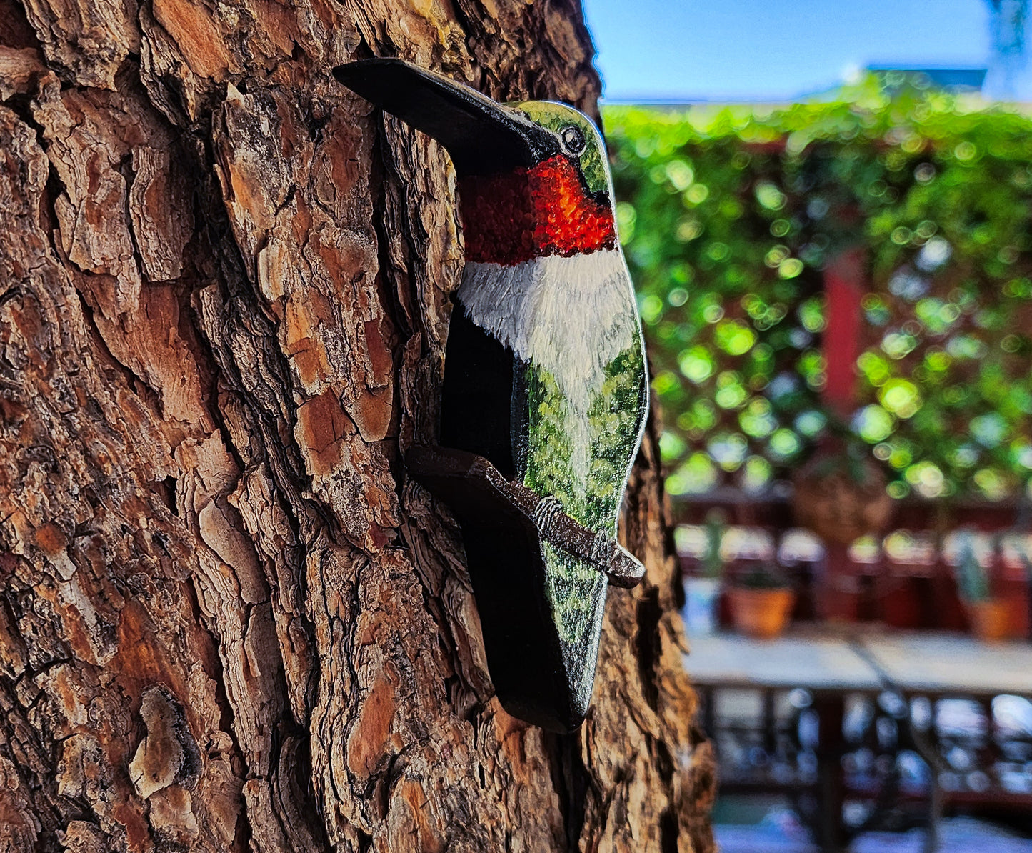 Ruby Throated Hummingbird - Wooden Wall Art, Handmade, Painted Bird on Wood, Life-size Hummingbird Figurine