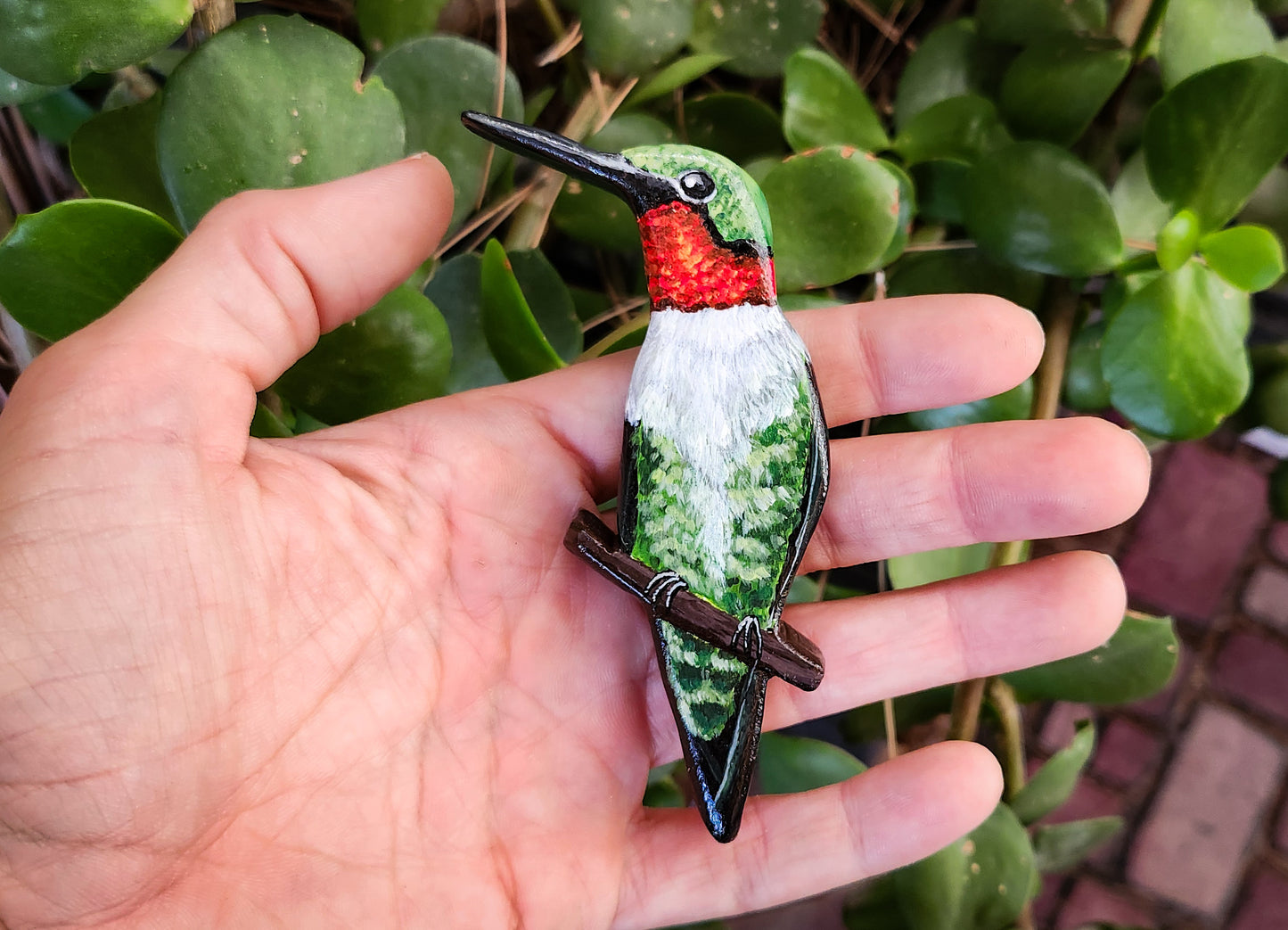 Ruby Throated Hummingbird - Wooden Wall Art, Handmade, Painted Bird on Wood, Life-size Hummingbird Figurine
