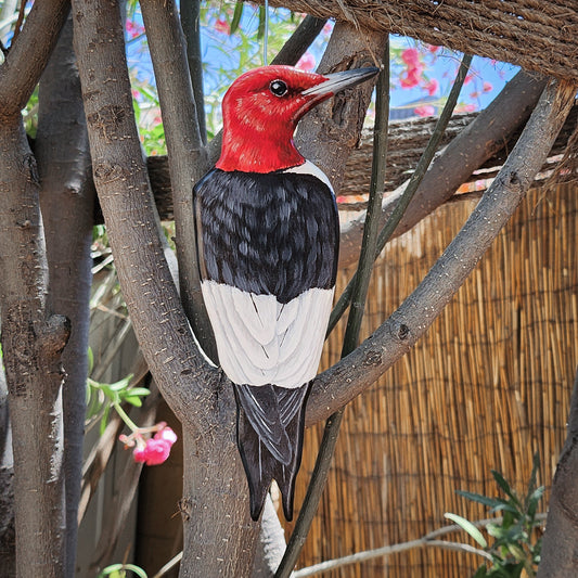 Red Headed Woodpecker - Wooden Wall Art, Handmade, Painted Bird on Wood