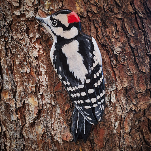 Downy Woodpecker - Wooden Wall Art, Handmade, Painted Bird on Wood