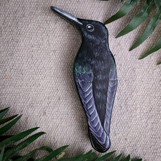 Black Jacobin Hummingbird - Wooden Wall Art, Handmade, Painted Bird on Wood, Life-size Hummingbird Figurine