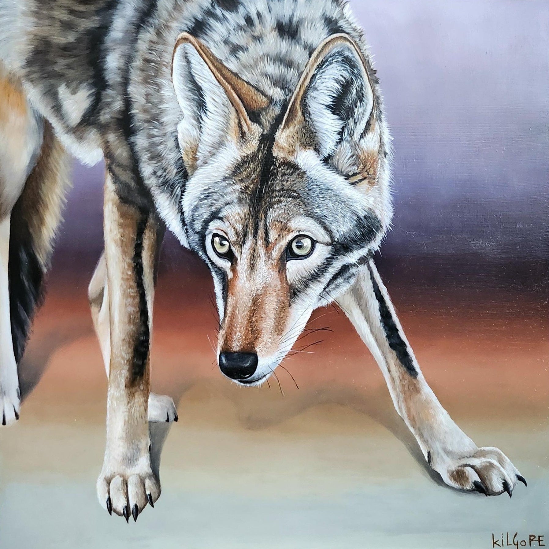 Painting of a coyote with a purple, red and beige gradient background