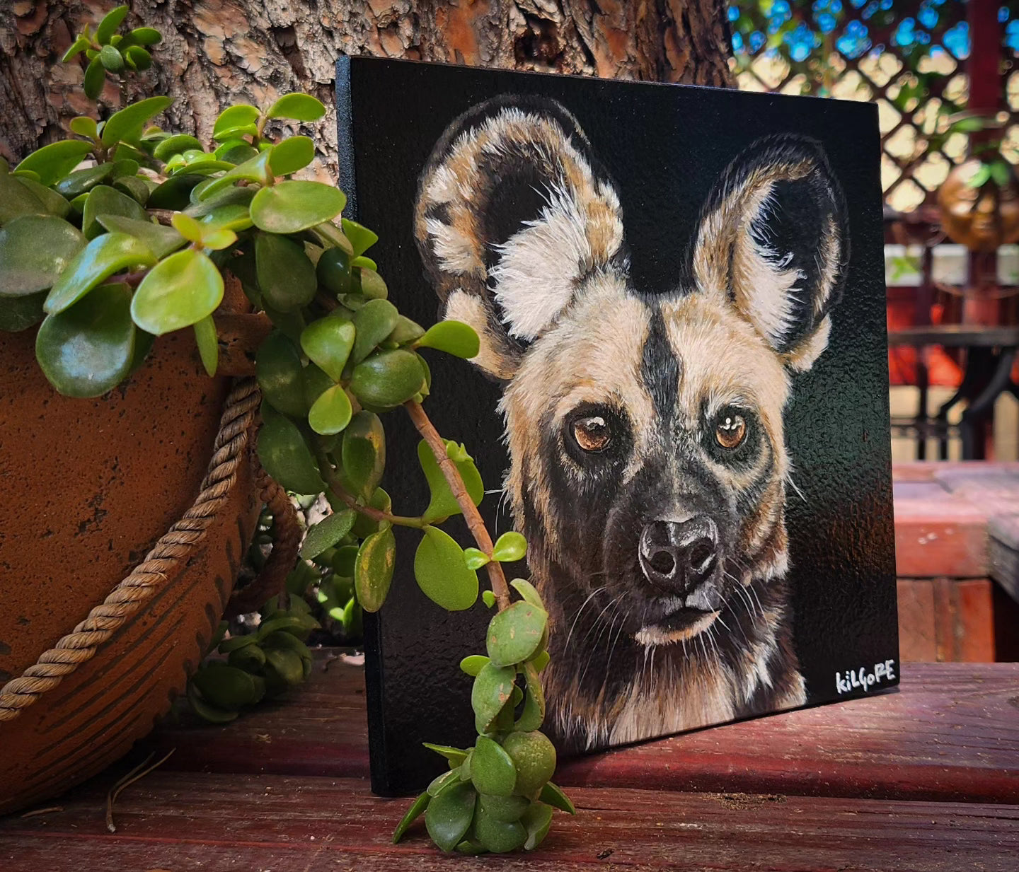 African Wild Dog - Original Acrylic Painting - By Kilgore, Original 7" x 7" Acrylic Painting on Wood, Painted Dog, Cape Hunting Dog