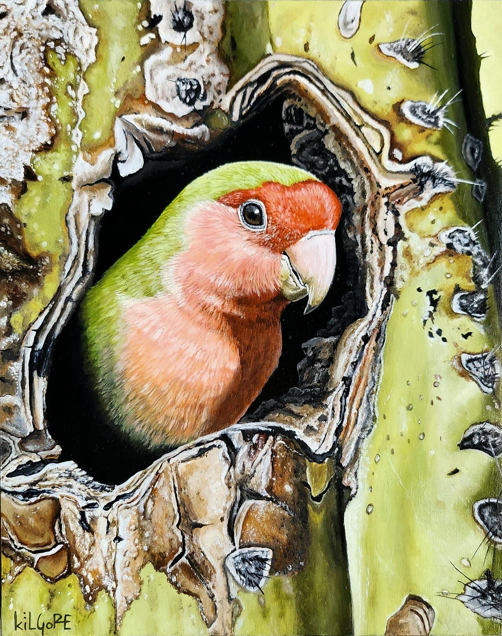 Painting of a parrot perched in a cactus hole