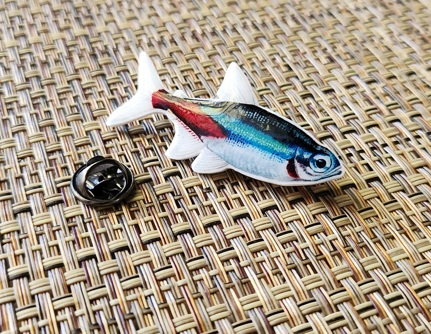 Neon Tetra - Resin Coated Polystyrene Pin - 100% Handmade Fish Pin