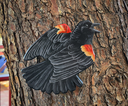 Red Winged Blackbird - Wooden Wall Art, Handmade, Painted Bird on Wood