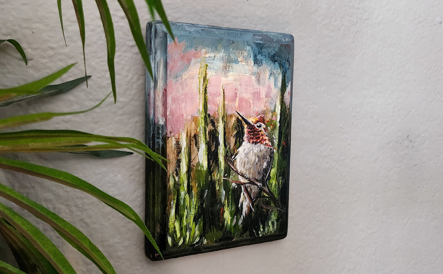 Hummingbird in the Desert Acrylic Painting on Wood