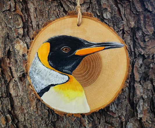 King Penguin - Ash Wood Slice Ornament, Hand Painted Bird on Wood, Penguin Painting