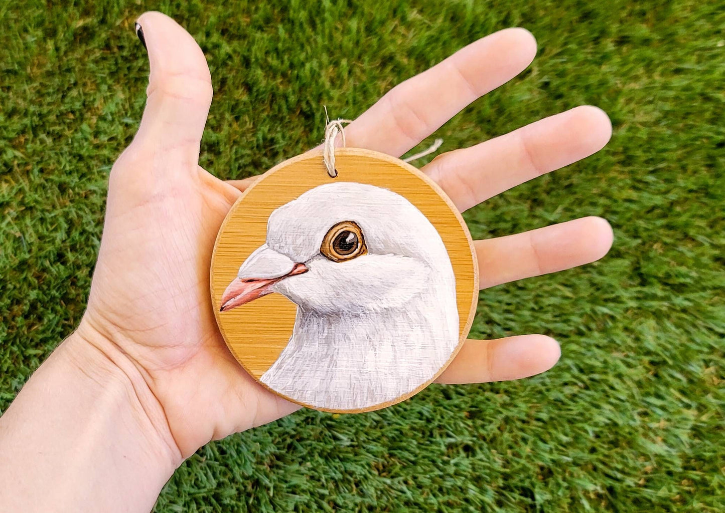 Release Dove - Bamboo Wood Slice, Hand Painted Bird on Wood,  dove acrylic painting, white pigeon, rock dove, peace dove ornament
