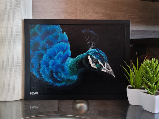 Peacock "Blue" - Original Acrylic Painting - By Kilgore, Original 9" x 12" Framed Acrylic Painting, Indian Peafowl