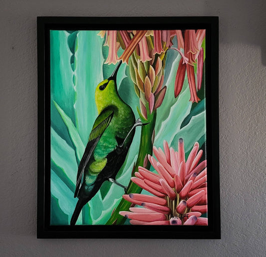 Malachite Sunbird - Original Oil Painting - By Kilgore, Original 16" x 20" Framed Oil Painting, Aloe Paradise