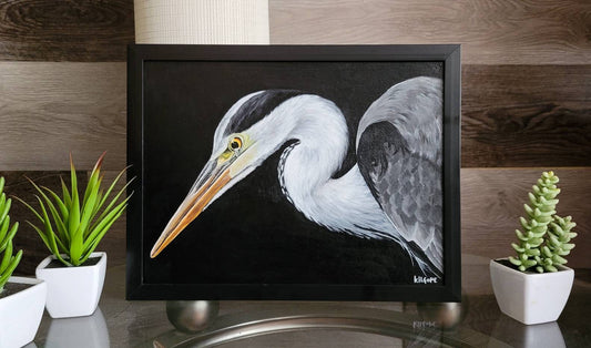 Grey Heron "Sorrow" - Original Acrylic Painting - By Kilgore, Original 9" x 12" Framed Acrylic Painting