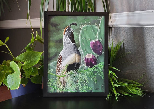 Gambel's Quail on Prickly Pear Cactus "Prickly Perch" - Original Oil Painting - By Kilgore, Original 9" x 12" Framed Oil Painting