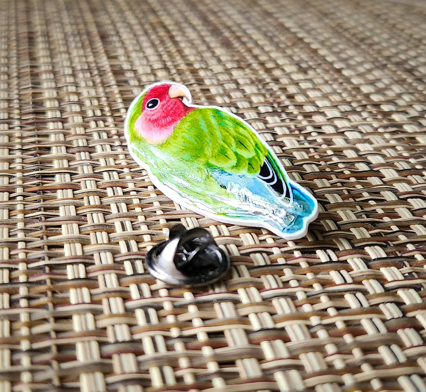 Rosy Faced Lovebird - Resin Coated Polystyrene Pin - 100% Handmade Parrot Pin
