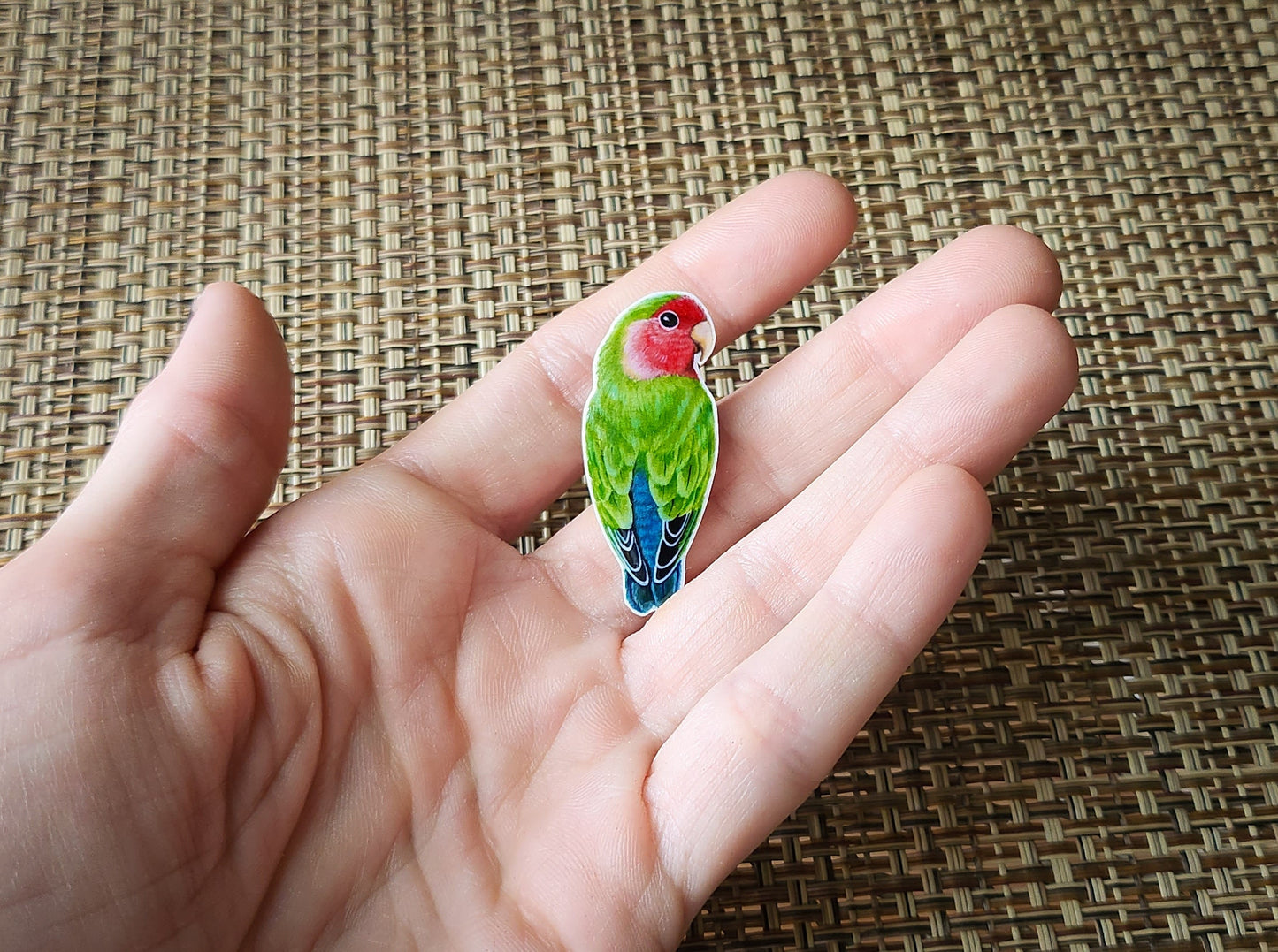 Rosy Faced Lovebird - Resin Coated Polystyrene Pin - 100% Handmade Parrot Pin