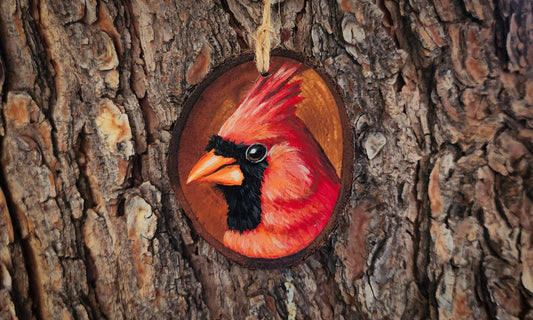 Cardinal - Wood Ornament, Hand Painted Bird on Wood, Northern Cardinal Wall Art