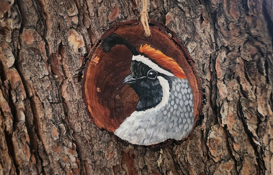 Gambel's Quail - Mesquite Wood Slice Ornament, Hand Painted Bird on Wood, Quail Wall Art, Desert Decor, Christmas Ornament