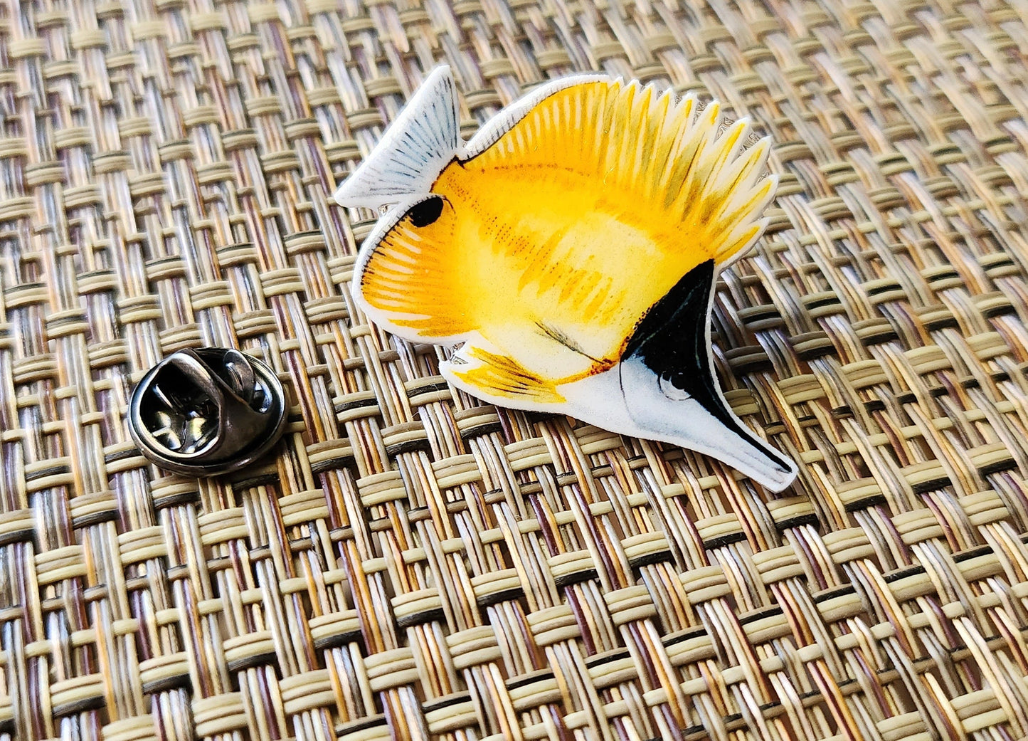 Yellow Longnose Butterflyfish - Resin Coated Polystyrene Pin - 100% Handmade Fish Pin, Forceps Butterflyfish