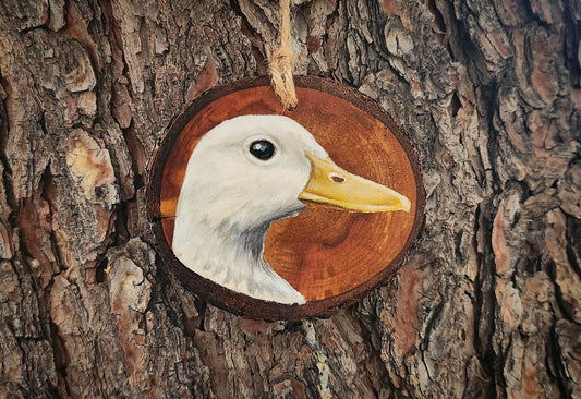 Duck - Pear Wood Slice Ornament, Hand Painted Bird on Wood
