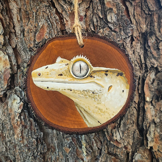 Crested Gecko -  Pear Wood Slice, Hand Painted Gecko on Wood Ornament