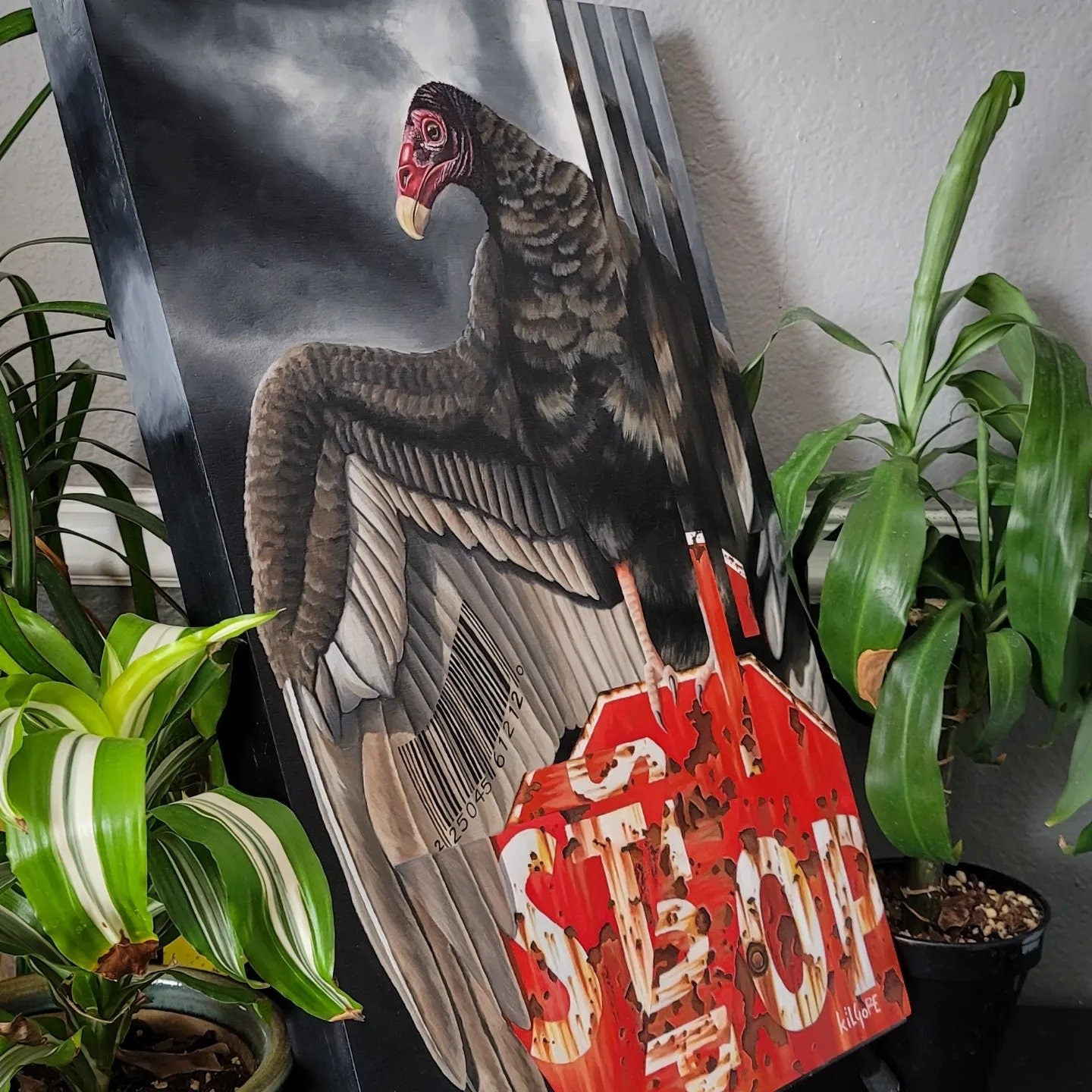 Turkey Vulture on a Stop Sign - Original Oil Painting "By Default" - By Kilgore, Original 15" x 24" x 2" Oil Painting on Cradled Wood