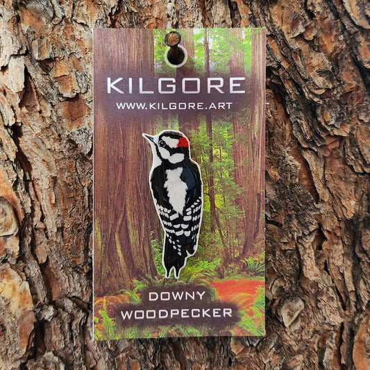Downy Woodpecker - Resin Coated Polystyrene Pin - 100% Handmade Bird Pin