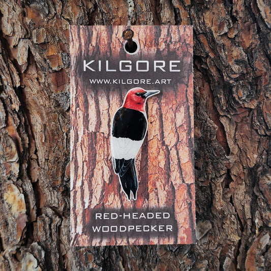 Red Headed Woodpecker - Resin Coated Polystyrene Pin - 100% Handmade Bird Pin