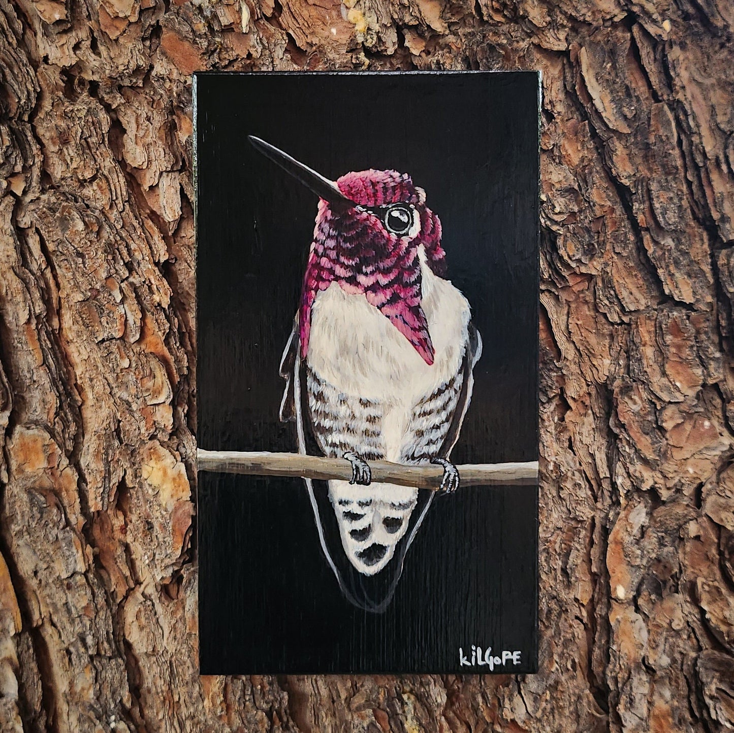 Costa's Hummingbird - Original Acrylic Painting on Bamboo - By Kilgore, Original 3.5" x 6" Acrylic Painting | Hummingbird Artwork
