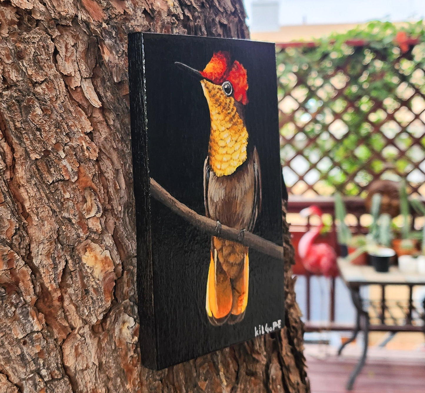 Ruby Topaz Hummingbird - Original Acrylic Painting on Reclaimed Wood - By Kilgore, Original 3.5" x 6" Acrylic Painting | Hummingbird Artwork