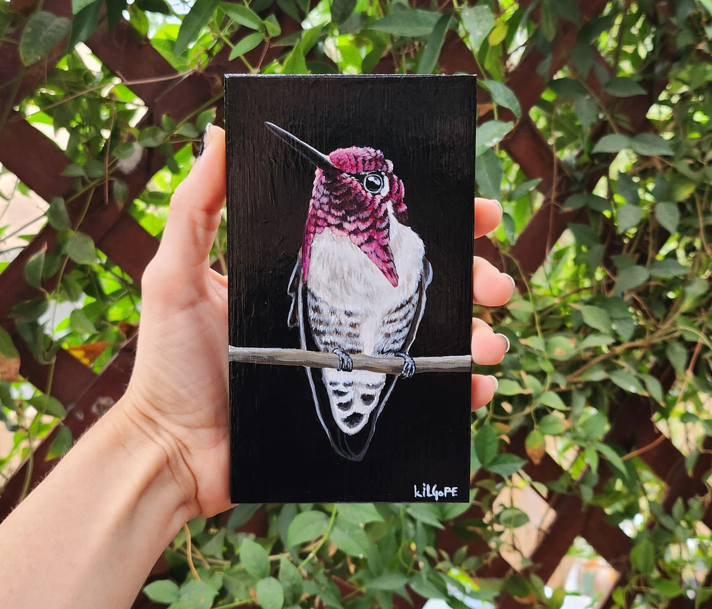 Costa's Hummingbird - Original Acrylic Painting on Bamboo - By Kilgore, Original 3.5" x 6" Acrylic Painting | Hummingbird Artwork