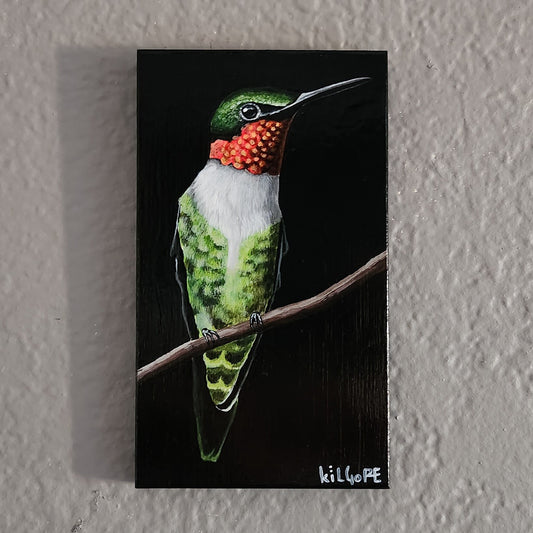 Ruby Throated Hummingbird - Original Acrylic Painting on Bamboo - By Kilgore, Original 3.5" x 6" Acrylic Painting | Hummingbird Artwork