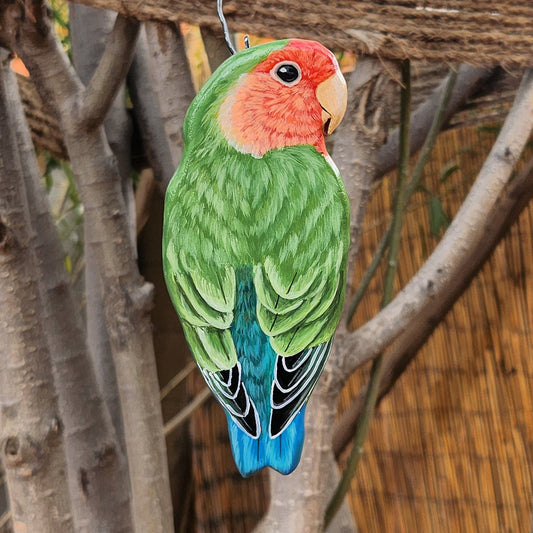 Rosy Faced Lovebird - Wooden Wall Art, Handmade Parakeet, Painted Parrot on Wood, Peach Faced Lovebird Figurine, Fischers Lovebird